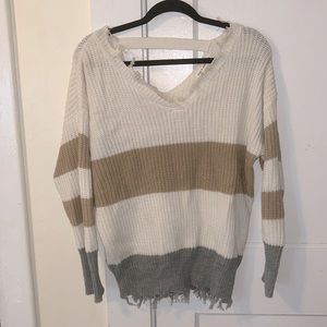 White, tan & gray striped sweater with fringe